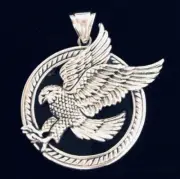 STERLING SILVER Black gemstone Eagle Bird of Prey large Round Pendant Necklace