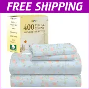 Floral Cotton Bed Sheet Set - 4 Pieces, Deep Pocket & Cooling 400 Thread Count