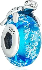 [GEMDAZZ] Sea Turtle Charms, on a Blue Bubble Murano Glass Beads, Fit Pandora Ocean Bracelets-925 Sterling Silver Tropical Marine Life Charm Hawaii Vacation Summer Travel