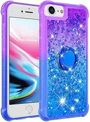 iPhone SE 2022 iPhone SE 2020 iPhone 7 8 Case with Ring Holder Kickstand Clear Funny Glitter Sparkly Crystal Quicksand Cute Silicone Soft TPU Bumper Air-Cushion Drop Resistant Cover,Purple Blue