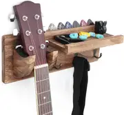 Wooden Guitar Wall Mount with Storage Shelf Hanger Rack for Picks, Capo, Tuner & Accessories