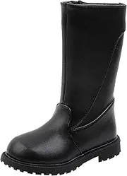 [Egmy] Fashion Autumn And Winter Girls Mid Calf Boots Flat Bottom Thick Soles Non Slip Plush Warm Solid Side Dark Riding