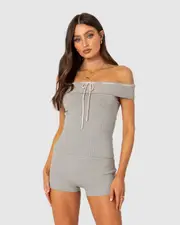 EDIKTED Womens Bow Time Fold Over Knit Top GREY-MELANGE