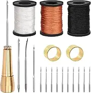 Swpeet 19Pcs Portable Canvas Leather Sewing Awl Needle Kit Includes 50m Waxed Nylon Cord Thread, Copper Handle, 2Pcs Thimble for Heavy Fabrics, Handmade Leather Sewing Tools Shoe and Leather Repair