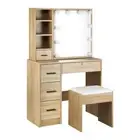 Oikiture Dressing Table Stool Set with 10 Bulbs Mirror Wooden