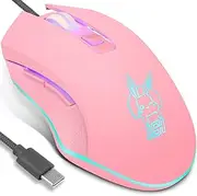 IULONEE Wired Gaming Mouse USB C Low Noise Click 7 Colors Backlight Optical Type-C Gaming Mouse with 2400 DPI and 6 Buttons for PC Computer Laptop Desktop Mac (Pink)