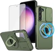 [Asuwish] Phone Case for Samsung Galaxy S23 Plus S23+ 5G with Slide Camera Cover Tempered Glass Screen Protector Stand Ring Holder Rugged Slim Cell S23plus 23S + S 23 23+ SM-S916U 6.6 inch Women Green