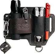 EDC Leather Multitool Sheath - Full Grain Leather EDC Pouch Organizer for Flashlight, Tactical Knife Multitool & Pen - with Keyring Clip - Work & Everyday Use Utility Belt Pouch for Men