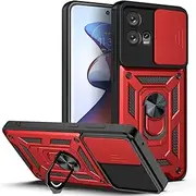 [WBWONE] Case for Motorola Moto Edge 30 Fusion, TPU/PC Shockproof Protective Mobile Phone Case with 360° Rotation Finger Ring Stands and Sliding Camera Cover, Red