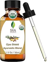 SVA Organics Ojas Shield Blend 1 Oz (30 ml) Therapeutic Grade Organic Oils: Clove, Cinnamon, Eucalyptus, Turmeric, Rosemary, Lemon for Wellness, Vitality, Aromatherapy & Diffuser