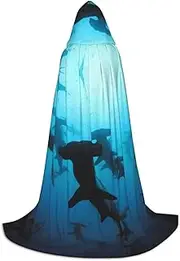 Hammerhead Sharks Print Halloween Hooded Cloak 130/150/170cm Carnival Witch Costume Cosplay Theme Party