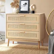Oikiture 3 Chest of Drawers Tallboy Storage Cabinet Dresser Rattan Lowboy