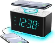 Alarm Clock Radio, 15W Ultra Fast Wireless Phone Charger with Bluetooth, Two Cha