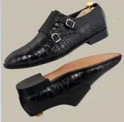 Handmade Men Black Monk Shoes, Men Black Crocodile Formal Shoes Alligators shoes