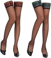 [NOIAFZY] 2Pcs Peacock Feather Lace Trim Thigh High Stockings Sheer Comfortable Elastic Band for Parties and Date Nights, Black, One Size