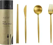 Matte Gold Utensils Set - 16-Piece KiiZYs Cutlery Stainless Steel Silverware - Flatware Set Korean Chopsticks Fork Spoon Knife - Cubiertos Dorados Dishwasher Safe Gift Box (Gold, Service for 4)