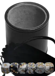 (6) 16mm Pearlized Dice White Black w/Pouch + PU Leather Dice Cup Grey Lining