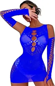 [RechicGu] Women's Fishnet Lingerie Mesh Hole Chemise Lingerie Long Sleeved Babydoll Bodysuit Dress Free Size for Women Girls