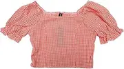 [Allegra K] Smocked Crop Top for Women's Bubble Sleeve Peasant Gingham Plaid Tops