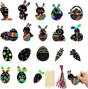 108 Pcs Easter Scratch Paper Craft, Easter Rainbow Scratch Art Party Favors, Rabbit Bunny Carrot Easter Egg Basket Scratch Paper Art, Colorful Easter Ornaments for Easter Party Decorations