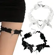[UEIOAVL] Garters & Suspenders for Women, 2 Pieces Heart Shaped Lace Thigh Garters Stretchy with Bow Heart and Cross Accessories for Daily and Party (Black, White)