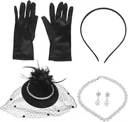 AUTSUPPL 1 Set Elegant Pearl Fascinator Hat Set with Gloves and Necklace for Women Retro Tea Party Accessories for Weddings and Special Occasions Includes Imitation Pearl Earrings