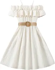 [Happy Cherry] Girls Cold Shoulder Midi Dress Ruffle Trim Short Sleeve Belted A Line Sundress for Summer Beach