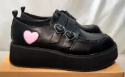 Koi Platform Loafers UK 10 /43 Heart Wave Black Vegan Faux Leather Slip On Shoes