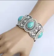 Turquoise bangle bracelet, Stretchable, Unique, Blue &Silver Tone, Gift Idea