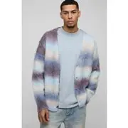 Mens Brown Oversized Dropped Shoulder Brushed Stripe Knitted Cardigan