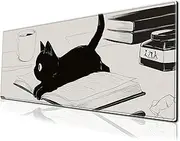 Cute Anime Black Cat Gaming Mouse Pad Large Cartoon Desk Mat, 31.5x11.8 Inch Mousepad Extended Non-Slip Rubber Base Keyboard Mat with Stitched Edges for Desk Home Office