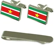[Select Gifts] Suriname Silver Flag Cufflinks Engraved Clip Gift Set