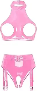 [GRRKDFQ] Women's Erotic Apparel Halter Open Bust Crop Tops with Open Crotch Garter Underwear