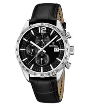Festina Timeless Chronograph Tachymeter Quartz F16760-4 Mens Watch Leather Strap Black Dial 12/24 Date Display 50M