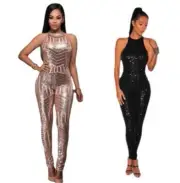 Womens Ladies Sleeveless Golden Sequin Jumpsuit Catsuit Club Wear UK Size S-XL