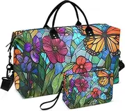 [ZRYSMY] Butterfly Florals Stain Glass Duffel Bag for Traveling, Travel Bag Gym Bag, with Multiple Interior Pockets Shoulder Weekender Bag for Women Men with Toiletry Bag 20.5L x 1.9W x 13.8H