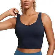 [CRZ YOGA] Butterluxe Womens V Neck Longline Sports Bra - Padded Workout Crop Tank Top with Built in Bra