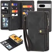 [Yidai-Silu] Google Pixel 7 Flip Case【Wallet,Detachable 】 Magnetic Closure Zipper Case Pockets Wrist Strap Card Holder Kickstand Slots Folio Cover for Google Pixel 7 6,4” - Black