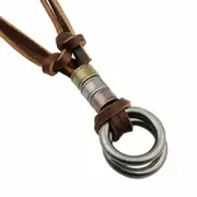 New Men Women's Alloy Double Ring Cord Leather Pendant Necklace Adjustable