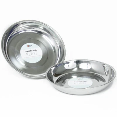 2 x Stainless Steel Plate Dish Round Food Dinner Camping Picnic Metal Tableware