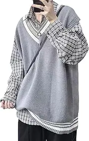 [SWJGLITTR] Mens Wool Blended Knitted Vest Cotton V-Neck Pullover Sweater School Loose Knitwear Sweaters for Men, Grey, Large