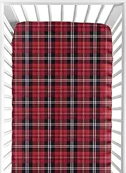 Sweet JoJo Designs Red and Black Woodland Plaid Flannel Baby Or Toddler Fitted Crib Sheet for Rustic Patch Collection