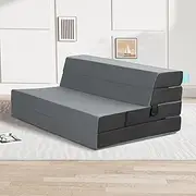 LIKIMIO Folding Mattress Queen, High Density Foam Mattress with Breathable and Washable Cover & Storage Bag, 4 Inch Foldable Mat Topper for Camping, RV and Yoga, Handle Design, Gray