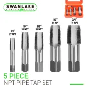 5 Piece 18 / 14 NPT Pipe Tap Set 1/8" 1/4" 3/8" 1/2" 3/4" Carbon Steel With Case