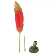 Feather Pen Quill, Feather Ballpoint Pen Bulk with Bronze Pen Holder, Red