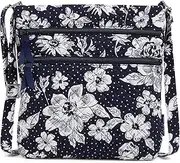 Vera Bradley Cotton Collegiate Triple Zip Hipster Crossbody Purse (Multiple Teams Available), Navy/White Rain Garden, Navy/White Rain Garden