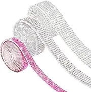 AFUNTA 3 Rolls Rhinestone Ribbon Self Adhesive, 3 Yards Crystal Stickers Glitter Ribbons Bling Ribbons Roll for Wedding Cakes Birthday Crafts Decorations (Silver AB Pink)