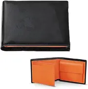 [Generic] Genuine Leather RFID Blocking Wallet for Men - Black & Orange Slim Design, 10 Card Slots, 2 Banknote Compartments, ID Window - Stylish Gift Box Included