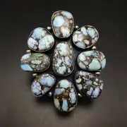 HUGE Sterling Silver MOSAIC GOLDEN HILLS TURQUOISE Cluster RING size 10.5