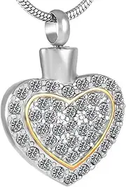 [Generic] Two Tone Crystal Heart Cremation URN Pendant for Ashes Jewelry Memorial Keepsake Necklace of Loved One Ash